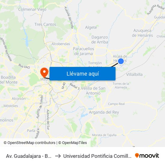 Av. Guadalajara - Brihuega to Universidad Pontificia Comillas - Icade map