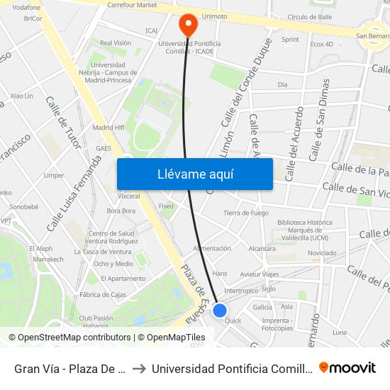 Gran Vía - Plaza De España to Universidad Pontificia Comillas - Icade map