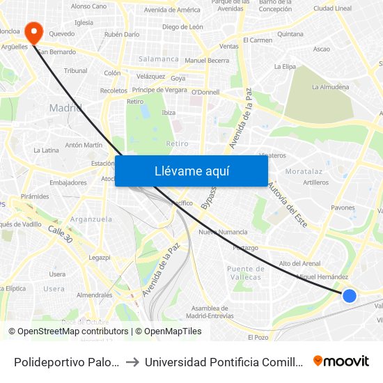 Polideportivo Palomeras to Universidad Pontificia Comillas - Icade map