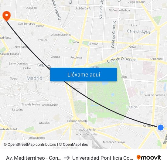 Av. Mediterráneo - Conde De Casal to Universidad Pontificia Comillas - Icade map