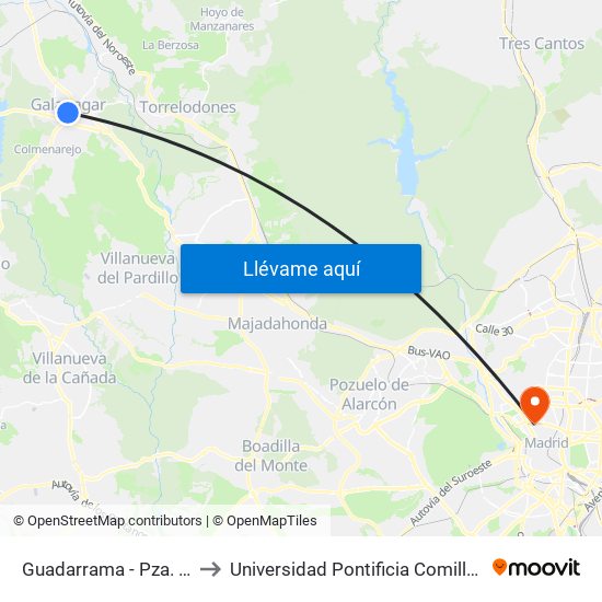 Guadarrama - Pza. Iglesia to Universidad Pontificia Comillas - Icade map