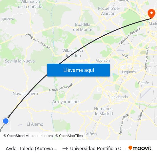 Avda. Toledo (Autovía A-5), Urb. Fado to Universidad Pontificia Comillas - Icade map