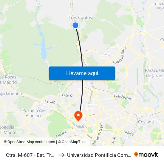 Ctra. M-607 - Est. Tres Cantos to Universidad Pontificia Comillas - Icade map