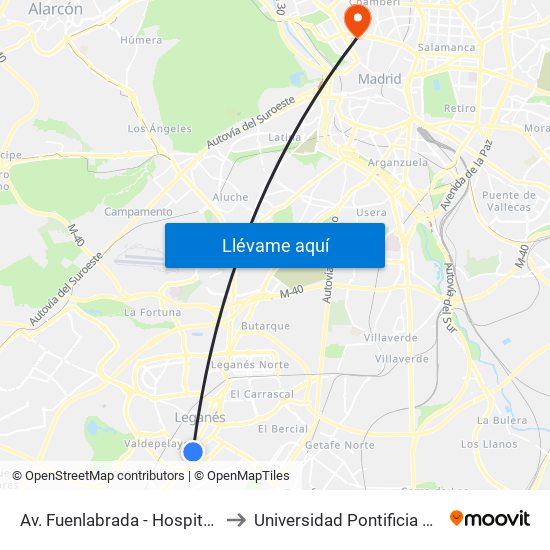 Av. Fuenlabrada - Hospital Severo Ochoa to Universidad Pontificia Comillas - Icade map