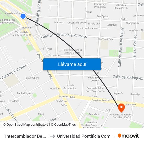 Intercambiador De Moncloa to Universidad Pontificia Comillas - Icade map