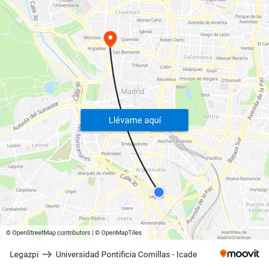 Legazpi to Universidad Pontificia Comillas - Icade map