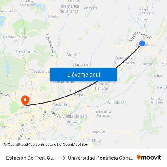 Estación De Tren, Guadalajara to Universidad Pontificia Comillas - Icade map