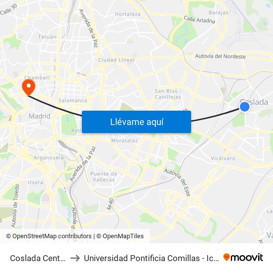 Coslada Central to Universidad Pontificia Comillas - Icade map