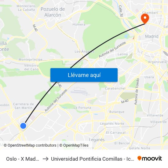 Oslo - X Madrid to Universidad Pontificia Comillas - Icade map