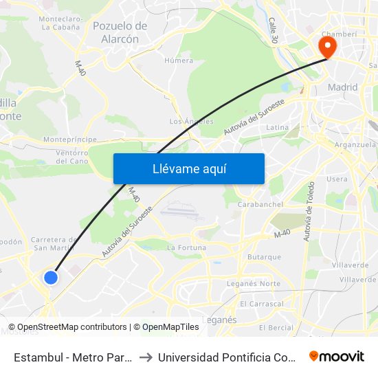 Estambul - Metro Parque Oeste to Universidad Pontificia Comillas - Icade map
