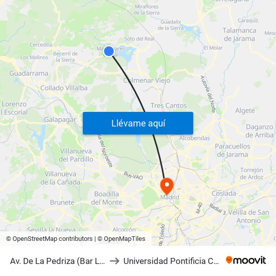 Av. De La Pedriza (Bar La Hora Joven) to Universidad Pontificia Comillas - Icade map
