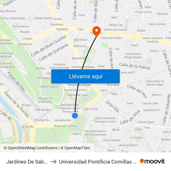 Jardines De Sabatini to Universidad Pontificia Comillas - Icade map