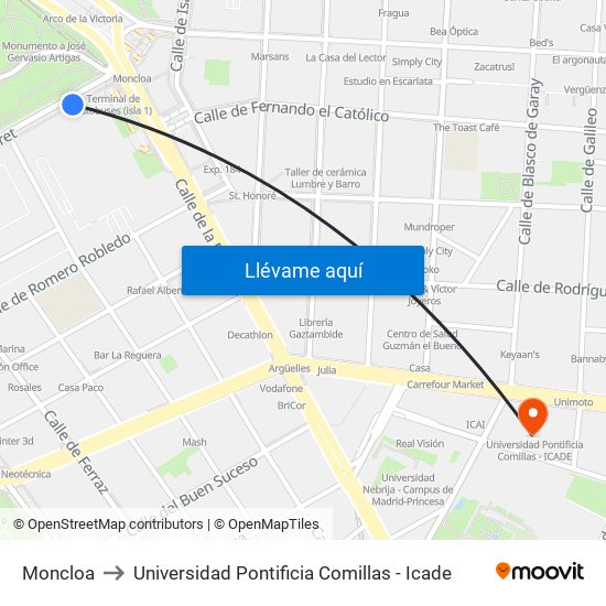 Moncloa to Universidad Pontificia Comillas - Icade map