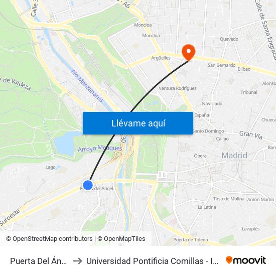 Puerta Del Ángel to Universidad Pontificia Comillas - Icade map