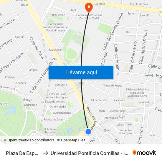 Plaza De España to Universidad Pontificia Comillas - Icade map
