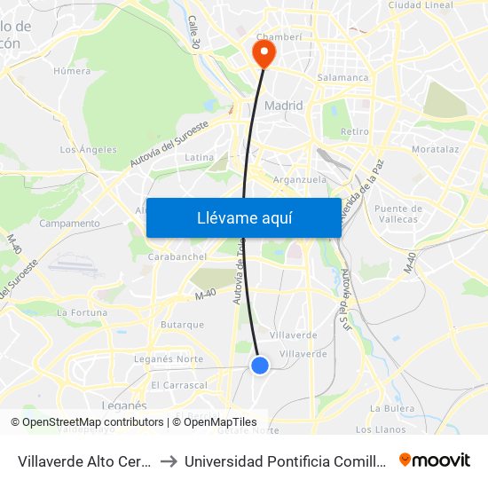 Villaverde Alto Cercanías to Universidad Pontificia Comillas - Icade map