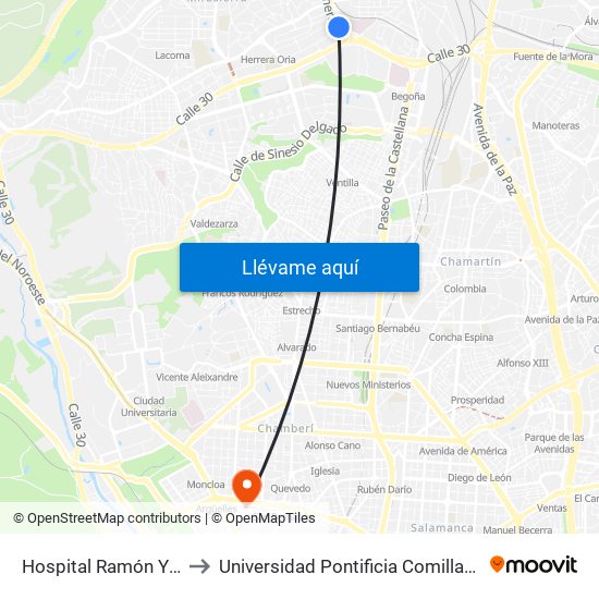 Hospital Ramón Y Cajal to Universidad Pontificia Comillas - Icade map