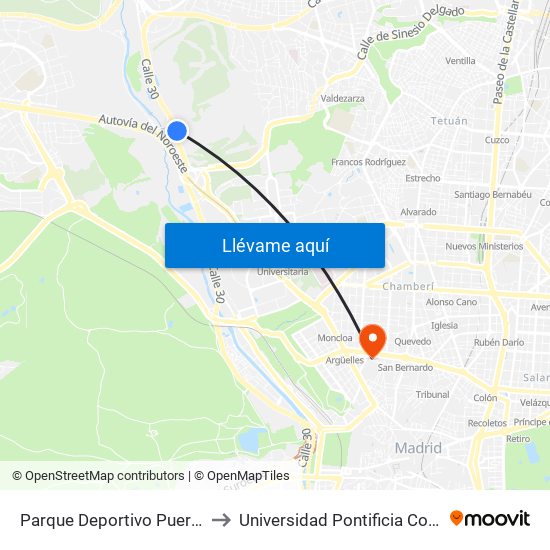 Parque Deportivo Puerta De Hierro to Universidad Pontificia Comillas - Icade map