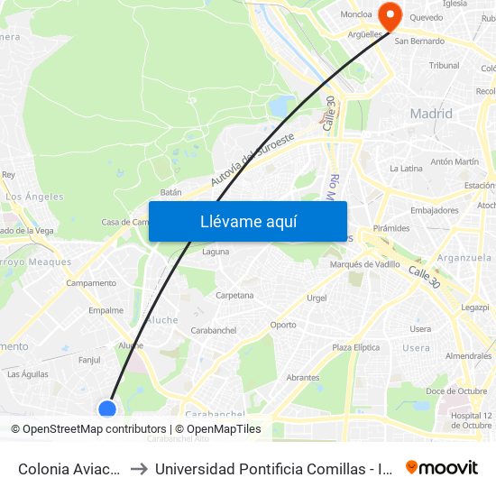 Colonia Aviación to Universidad Pontificia Comillas - Icade map