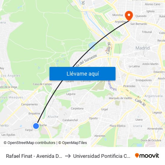 Rafael Finat - Avenida De Las Águilas to Universidad Pontificia Comillas - Icade map