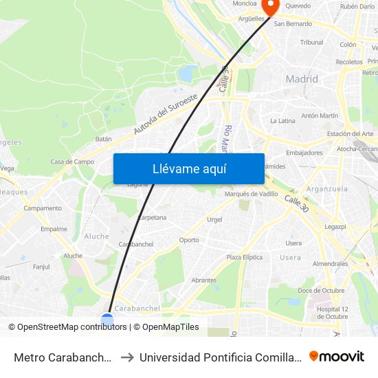 Metro Carabanchel Alto to Universidad Pontificia Comillas - Icade map