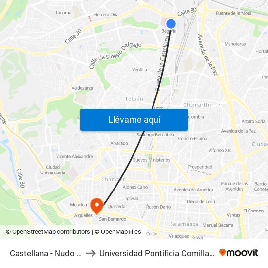 Castellana - Nudo Norte to Universidad Pontificia Comillas - Icade map