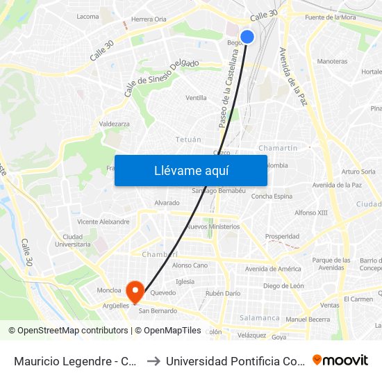 Mauricio Legendre - Cocheras Emt to Universidad Pontificia Comillas - Icade map