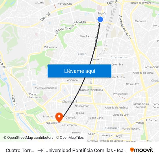 Cuatro Torres to Universidad Pontificia Comillas - Icade map