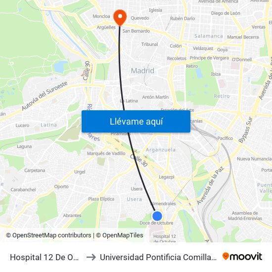 Hospital 12 De Octubre to Universidad Pontificia Comillas - Icade map