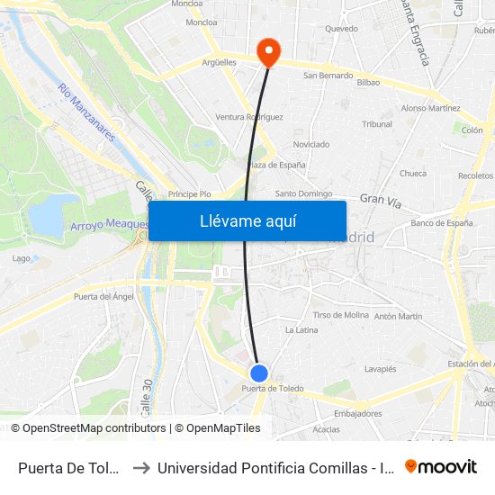 Puerta De Toledo to Universidad Pontificia Comillas - Icade map