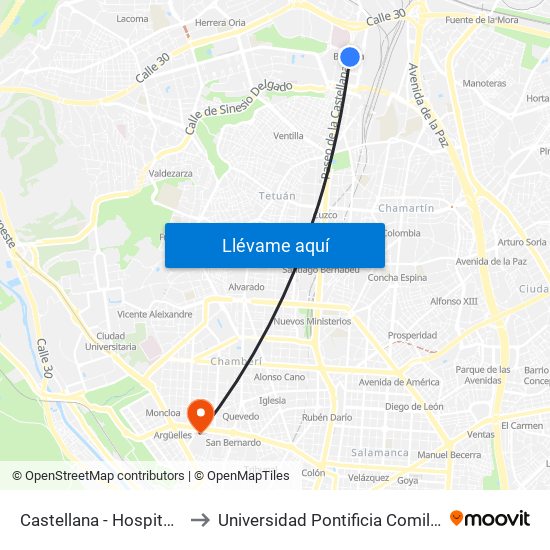 Castellana - Hospital La Paz to Universidad Pontificia Comillas - Icade map