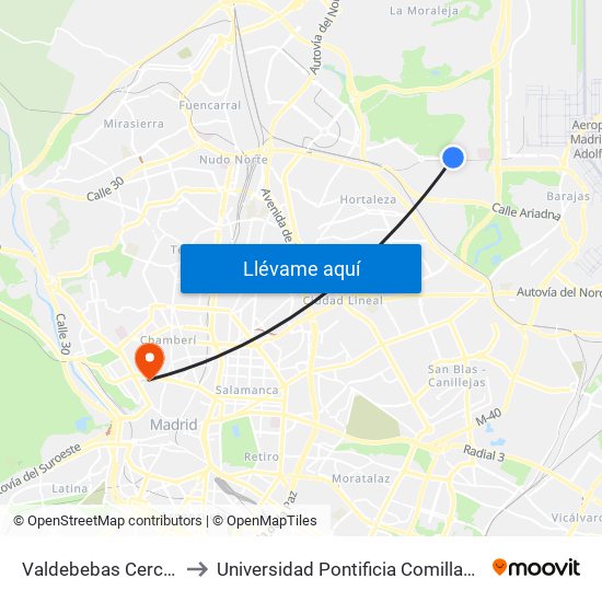 Valdebebas Cercanías to Universidad Pontificia Comillas - Icade map
