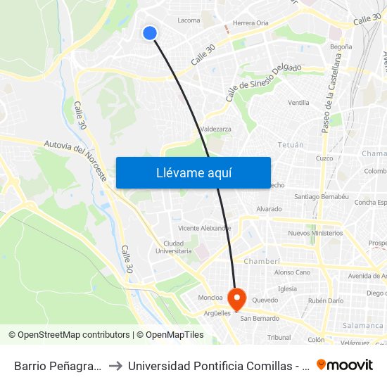 Barrio Peñagrande to Universidad Pontificia Comillas - Icade map