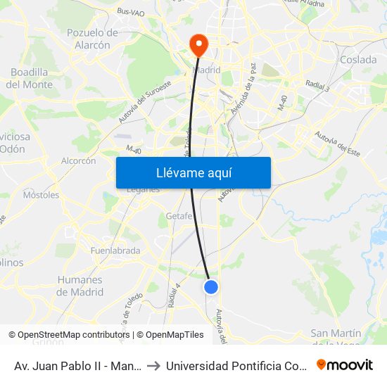 Av. Juan Pablo II - Manuel De Falla to Universidad Pontificia Comillas - Icade map