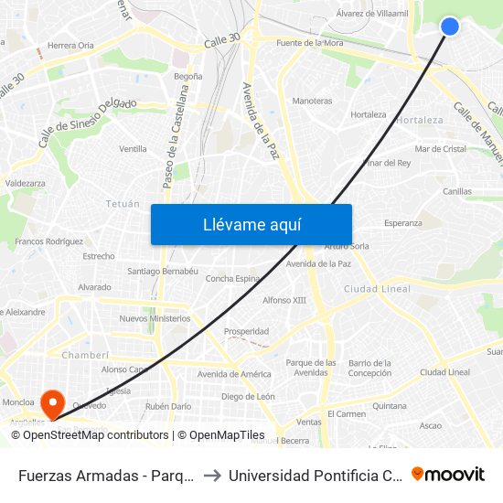 Fuerzas Armadas - Parque Valdebebas to Universidad Pontificia Comillas - Icade map