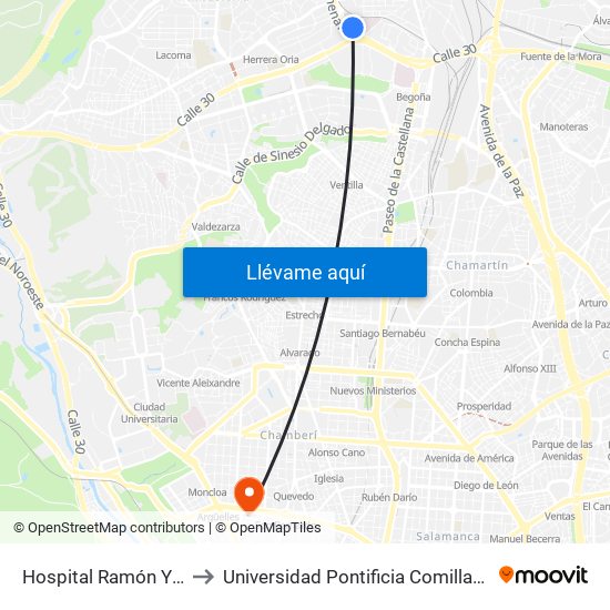 Hospital Ramón Y Cajal to Universidad Pontificia Comillas - Icade map