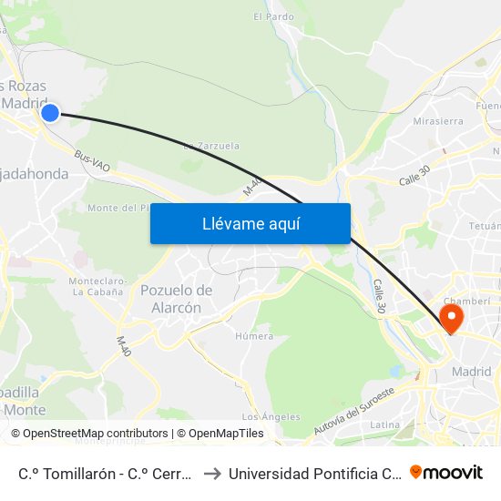 C.º Tomillarón - C.º Cerro De La Paloma to Universidad Pontificia Comillas - Icade map