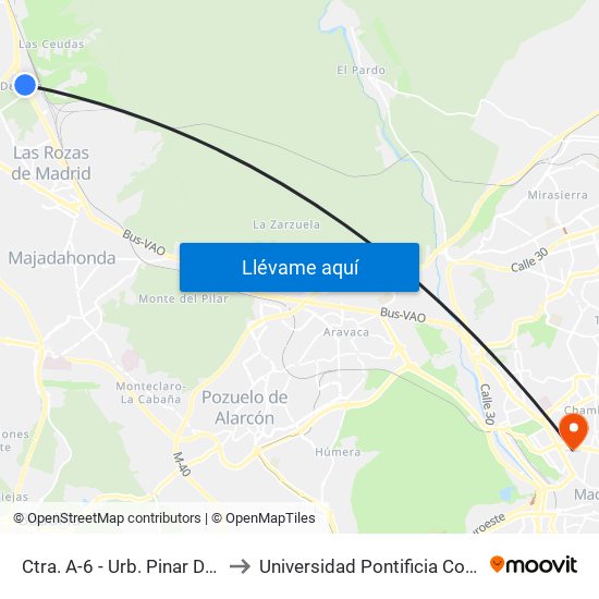 Ctra. A-6 - Urb. Pinar De Las Rozas to Universidad Pontificia Comillas - Icade map