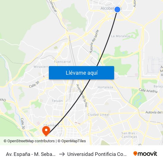 Av. España - M. Sebastián Izuel to Universidad Pontificia Comillas - Icade map