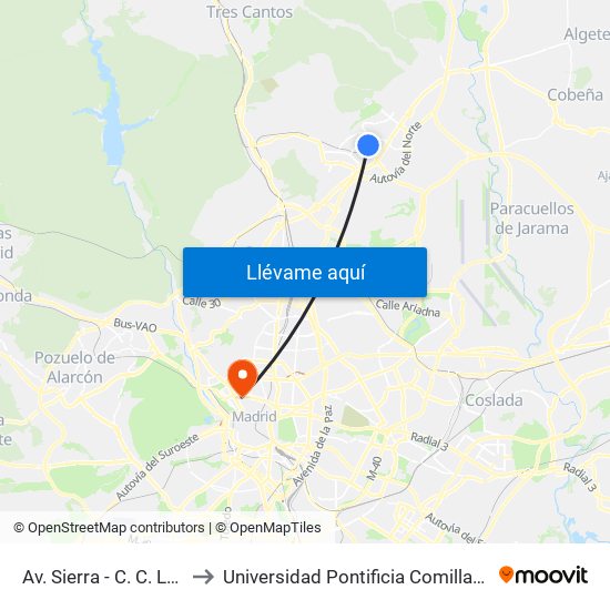 Av. Sierra - C. C. La Viña to Universidad Pontificia Comillas - Icade map