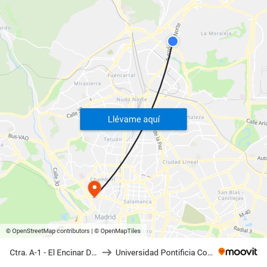 Ctra. A-1 - El Encinar De Los Reyes to Universidad Pontificia Comillas - Icade map