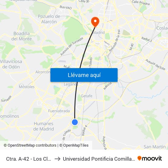 Ctra. A-42 - Los Claveles to Universidad Pontificia Comillas - Icade map