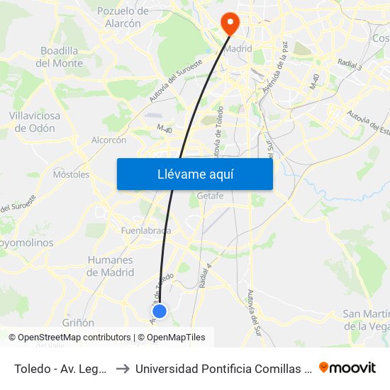 Toledo - Av. Leguario to Universidad Pontificia Comillas - Icade map