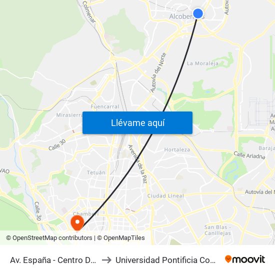Av. España - Centro De Mayores to Universidad Pontificia Comillas - Icade map