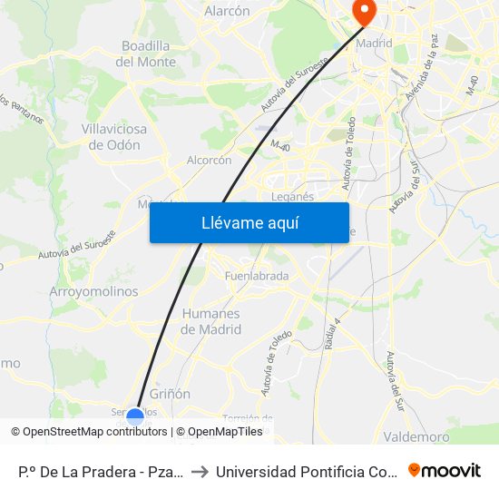 P.º De La Pradera - Pza. Del Puente to Universidad Pontificia Comillas - Icade map