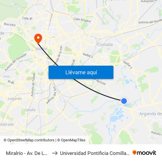 Miralrío - Av. De Levante to Universidad Pontificia Comillas - Icade map