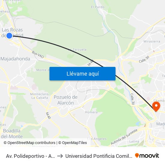 Av. Polideportivo - Auditorio to Universidad Pontificia Comillas - Icade map