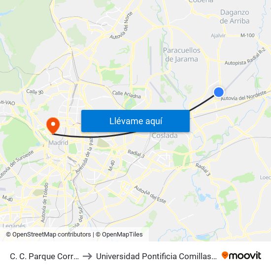 C. C. Parque Corredor to Universidad Pontificia Comillas - Icade map