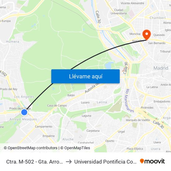 Ctra. M-502 - Gta. Arroyo Meaques to Universidad Pontificia Comillas - Icade map