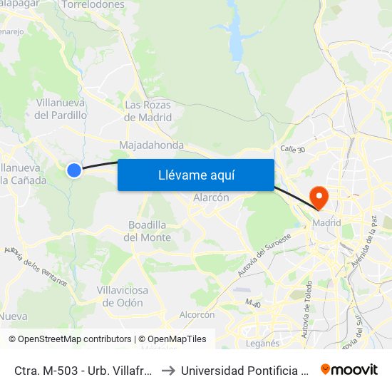 Ctra. M-503 - Urb. Villafranca Del Castillo to Universidad Pontificia Comillas - Icade map